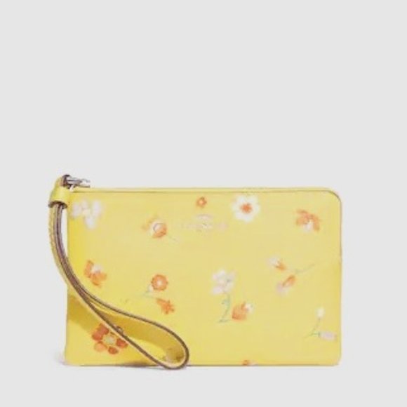 Coach Corner Zip Wristlet With Mystical Floral Print Silver/Yellow Multi - Picture 1 of 7